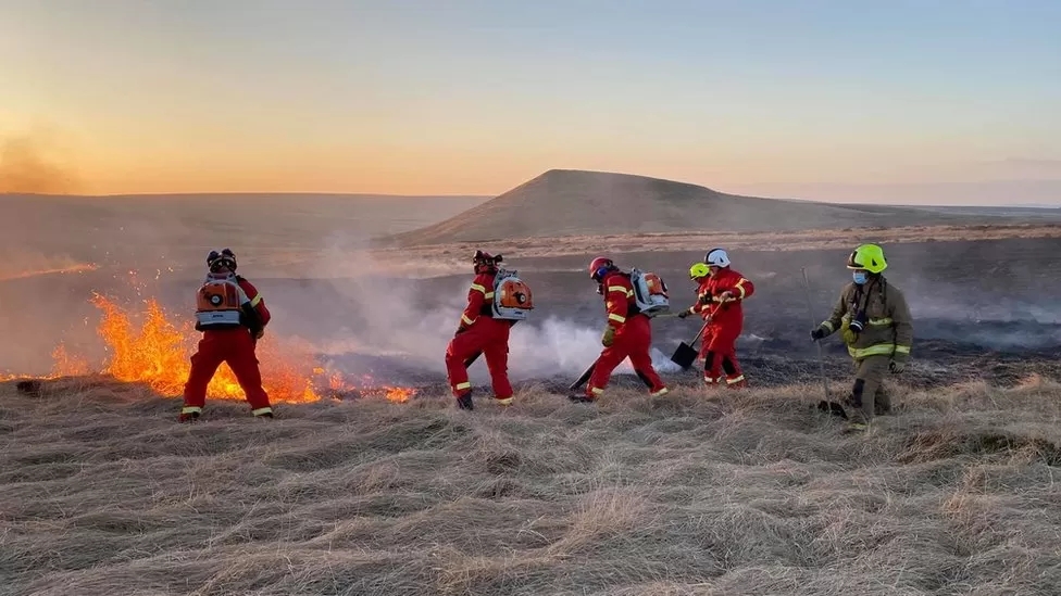 firement tackling a moorland blaze
